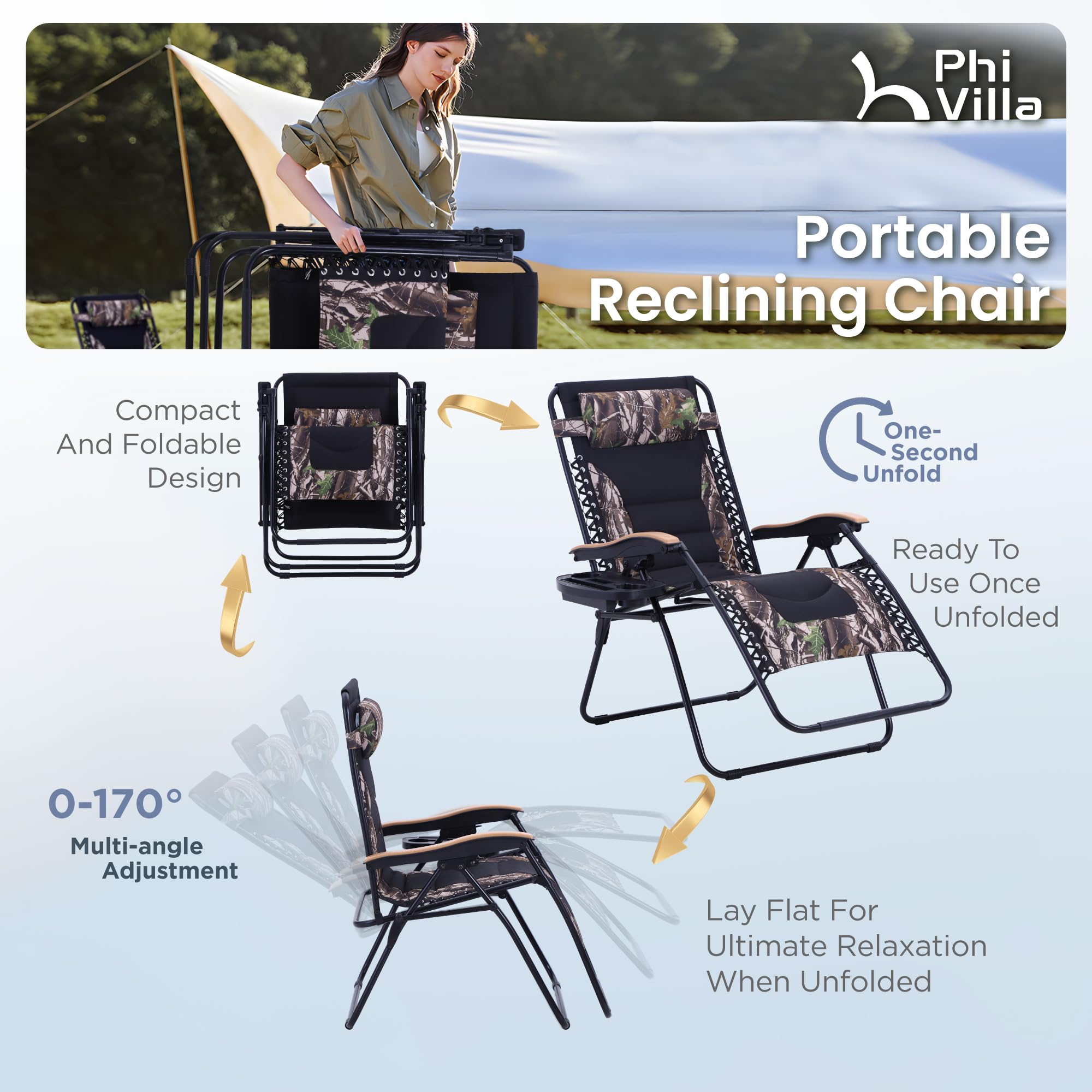 PHI VILLA XXL Oversized Padded Zero Gravity Chair, Foldable Patio Recliner, 30" Wide Seat Anti Gravity Lounger with Cup Holder, Support 400 LBS (Camouflage)