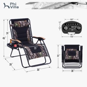 PHI VILLA XXL Oversized Padded Zero Gravity Chair, Foldable Patio Recliner, 30" Wide Seat Anti Gravity Lounger with Cup Holder, Support 400 LBS (Camouflage)