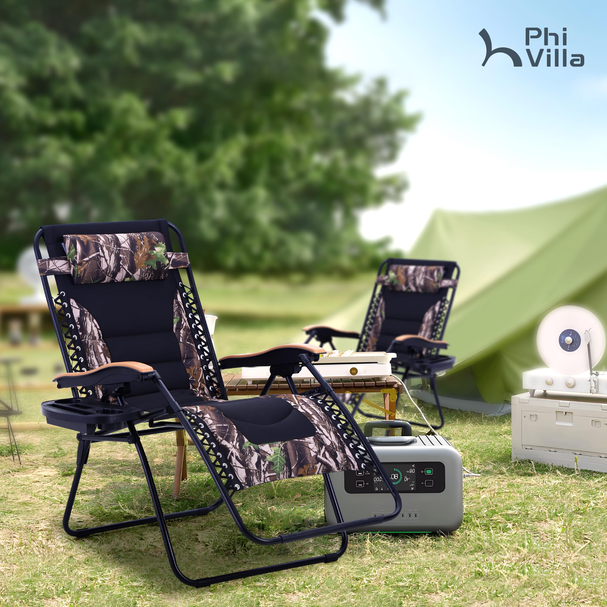 PHI VILLA XXL Oversized Padded Zero Gravity Chair, Foldable Patio Recliner, 30" Wide Seat Anti Gravity Lounger with Cup Holder, Support 400 LBS (Camouflage)