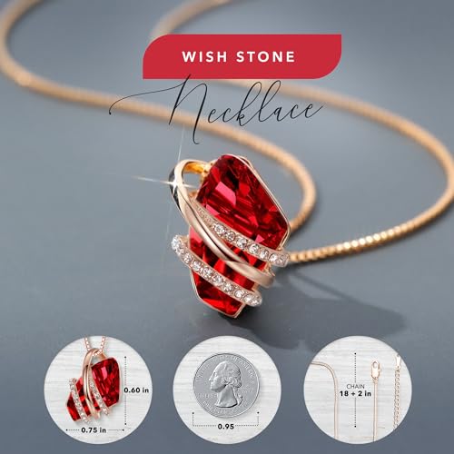 Leafael Wish Stone Pendant Necklace with Ruby Red Birthstone Crystal for January and July, 18K Rose Gold Plated, 18" + 2" Chain