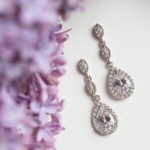 A+O Bridesmaid Gift, Teardrop Cubic Zirconia Crystal Earrings in Silver