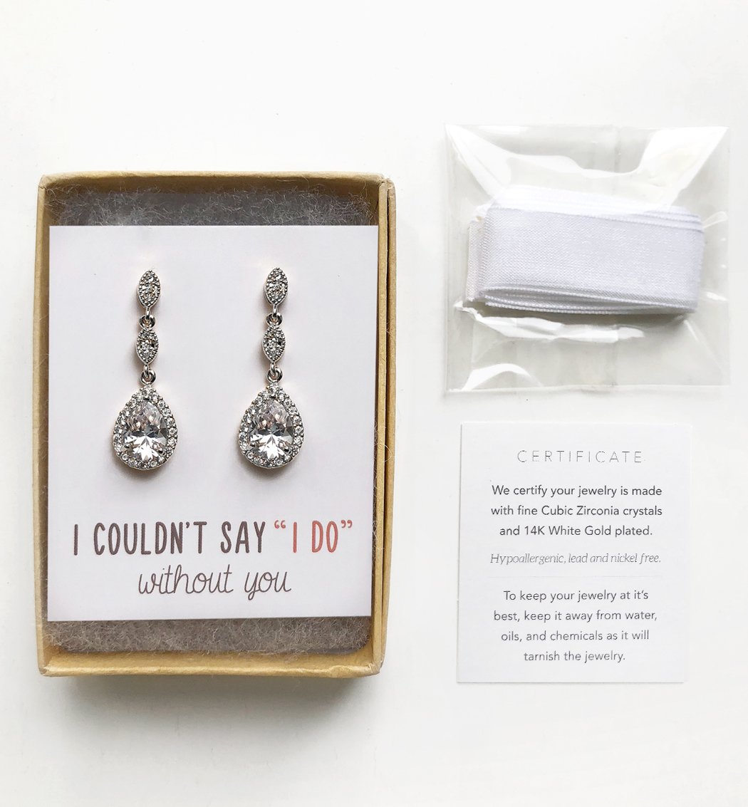 A+O Bridesmaid Gift, Teardrop Cubic Zirconia Crystal Earrings in Silver