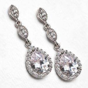 A+O Bridesmaid Gift, Teardrop Cubic Zirconia Crystal Earrings in Silver