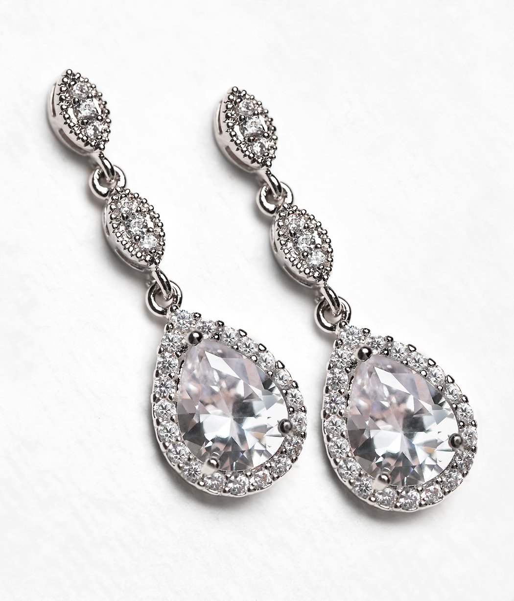 A+O Bridesmaid Gift, Teardrop Cubic Zirconia Crystal Earrings in Silver