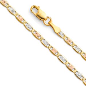 14k REAL Tri Color Gold Solid 2.5mm Chain Bracelet with Lobster Claw Clasp - 7"