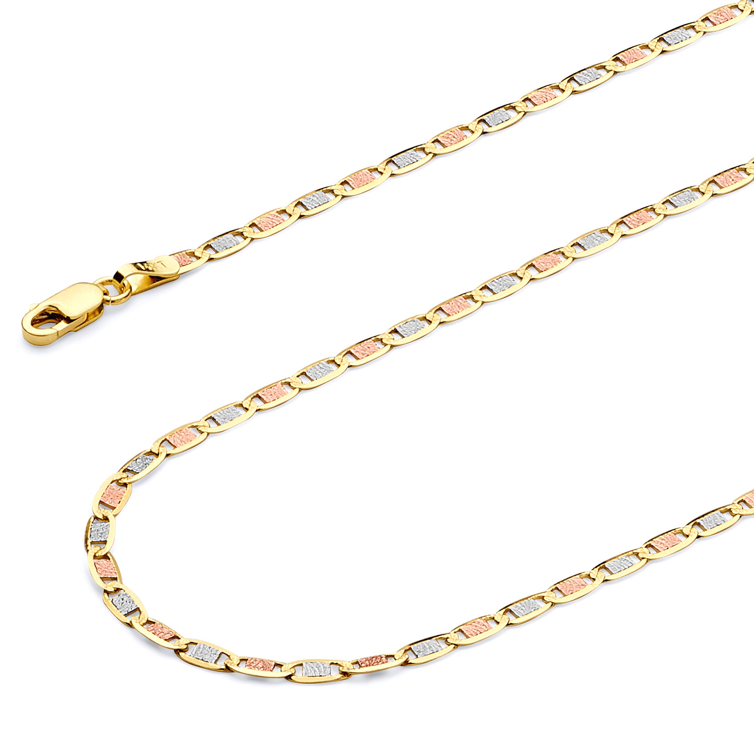 14k REAL Tri Color Gold Solid 2.5mm Chain Bracelet with Lobster Claw Clasp - 7"