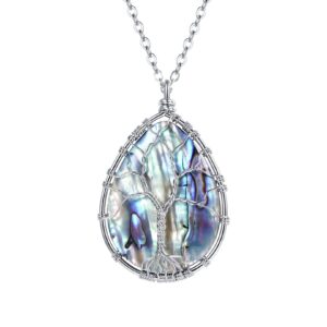 long necklaces for women abalone necklaces boho jewelry stainless steel tree of life wire wrapped light blue teardrop abalone shell pendant 29.5+2inch