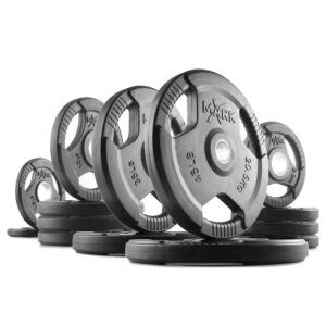 xmark tri-grip 225 lb set of olympic weight plates, rubber coated exercise weights for olympic barbell, strength training equipment, weight lifting equipment, weight set for home gym