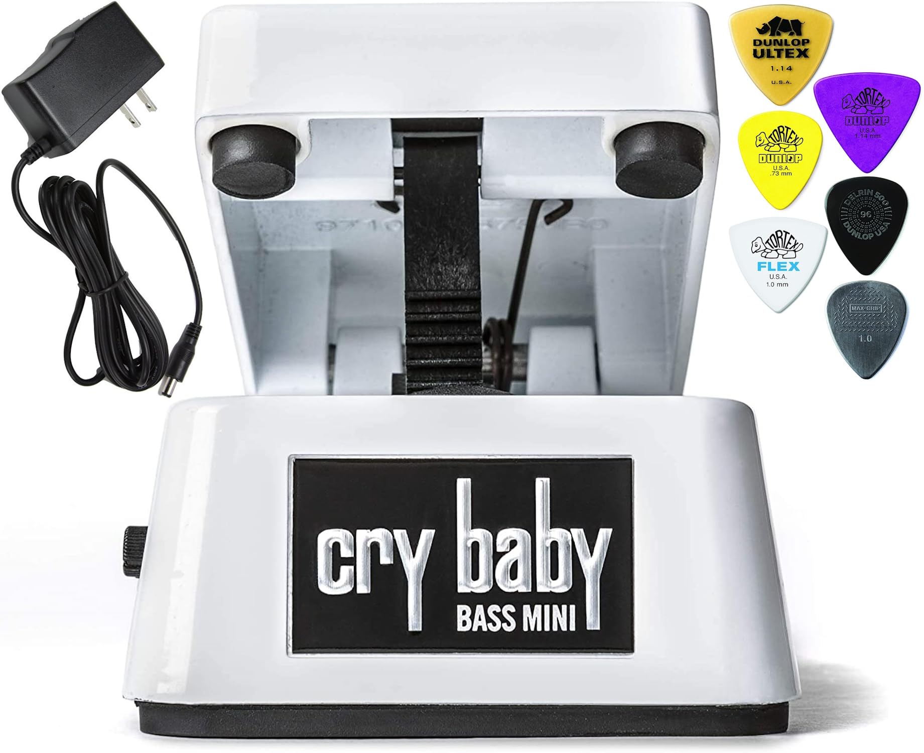 Dunlop CBM105Q Cry Baby Mini Bass Wah Pedal Bundle w/ 9V Power Supply and 6 Assorted Dunlop Picks