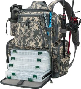 piscifun fishing tackle backpack with 4 trays, large outdoor storage tackle bag with protective rain cover digital camouflage