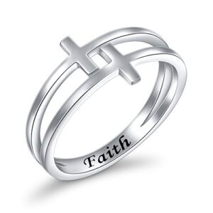 Inspirational Jewelry Sterling Silver Engraved Faith Double Cross Ring Christian Fashion Wedding Engagement Band, Size 6-8 (8)