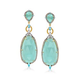 ross-simons aqua chalcedony and 2.60 ct. t.w. blue and white topaz drop earrings in 18kt gold over sterling