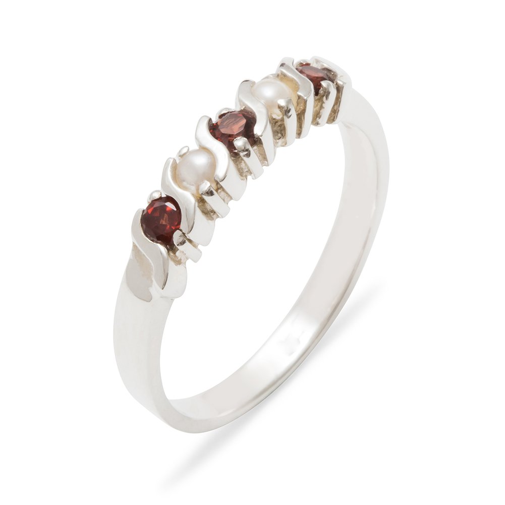 LetsBuyGold Solid 925 Sterling Silver Real Genuine Garnet & Cultured Pearl Womens Eternity Band Ring - 12 - Size 12