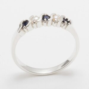 LetsBuyGold Solid 925 Sterling Silver Natural Sapphire & Cultured Pearl Womens Eternity Ring - 7.75 - Size 7.75