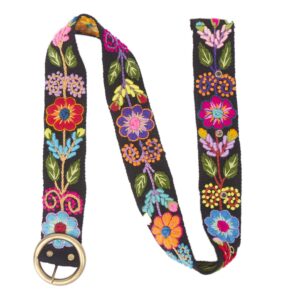 raymis womens alpaca wool handmade belt with colorful embroidered flowers (black)