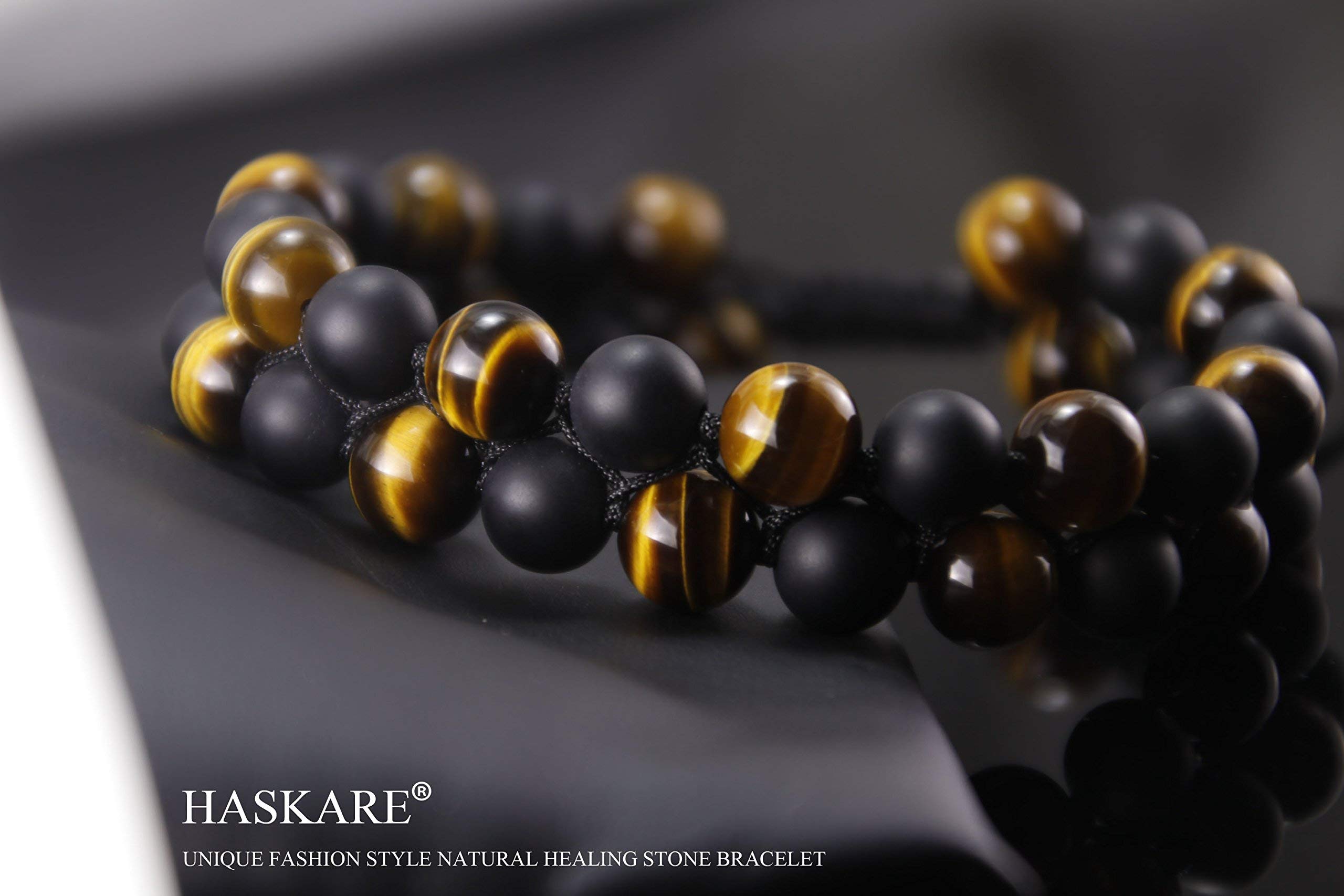 HASKARE Tiger Eye Stone Bracelet Men Women - Natural Energy Stone Essential Oil Lava Rock Black Onyx Tiger Eye Beads Bracelet Adjustable