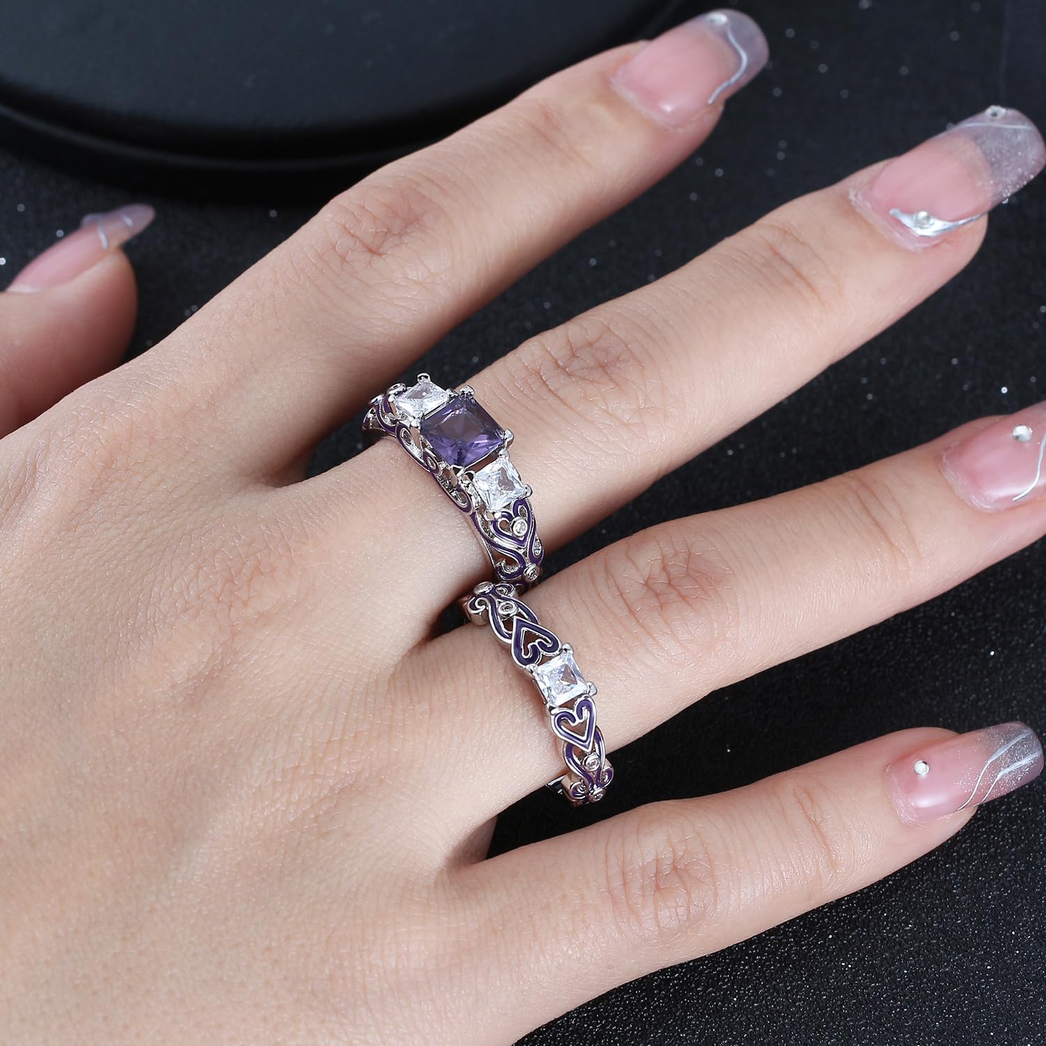 Ginger Lyne Collection Cherri Purple Princess Cut Engagement Wedding Band Bridal Set Size 8