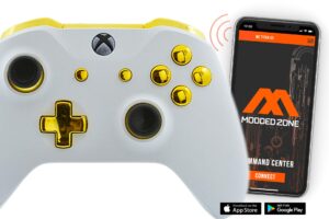 moddedzone rapid fire custom standard modded controller compatible with xbox one s/x 40 mods for all major shooter games (3.5 mm jack) (white/gold)