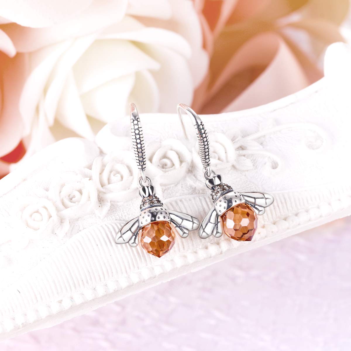 EleQueen 925 Sterling Silver Vintage Inspired Brown Crystals Queen Bee Earrings for Women Girls