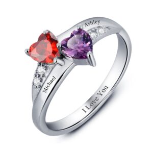 personalized mother daughter rings with 2 heart simulated birthstones custom women promise rings for her (8)