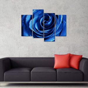 Wieco Art Blue Rose with Dew Canvas Wall Art Abstract Romantic Flower Pictures Paintings Wall Art for Living Room Bedroom Decorations Wall Decor Large 4 Panels Modern Canvas Prints Artwork