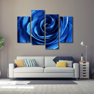 Wieco Art Blue Rose with Dew Canvas Wall Art Abstract Romantic Flower Pictures Paintings Wall Art for Living Room Bedroom Decorations Wall Decor Large 4 Panels Modern Canvas Prints Artwork