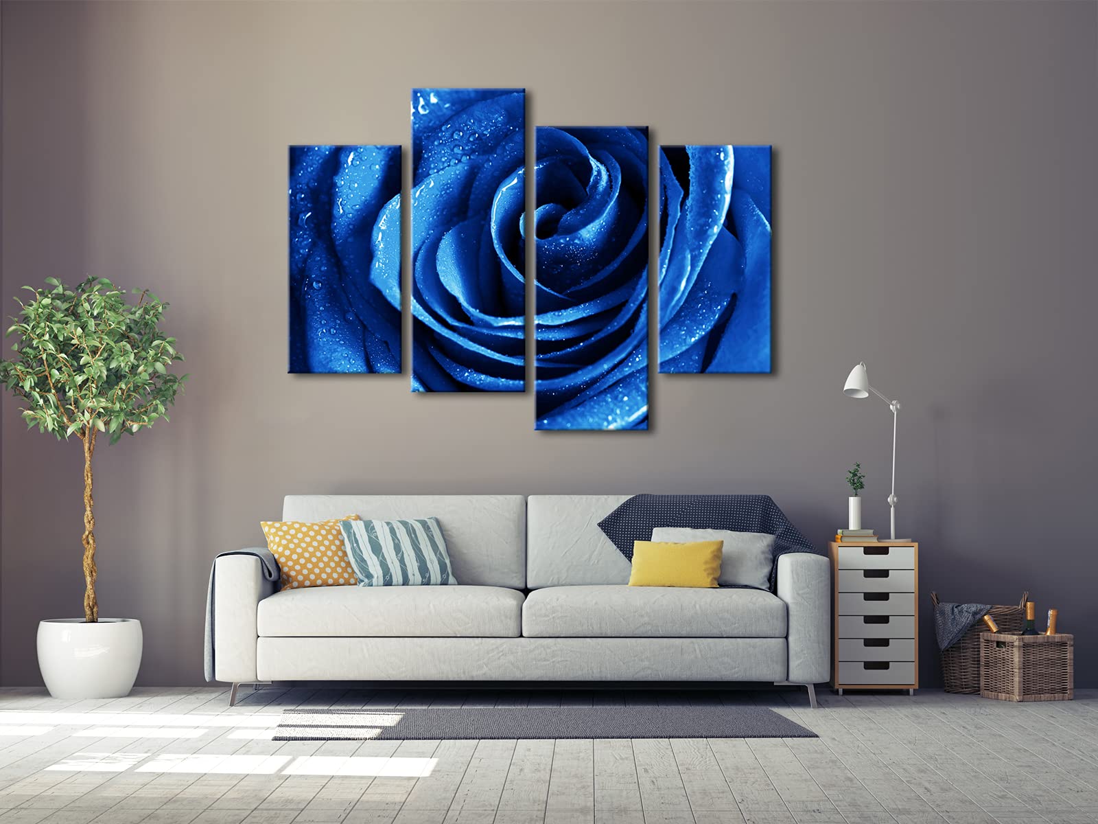 Wieco Art Blue Rose with Dew Canvas Wall Art Abstract Romantic Flower Pictures Paintings Wall Art for Living Room Bedroom Decorations Wall Decor Large 4 Panels Modern Canvas Prints Artwork