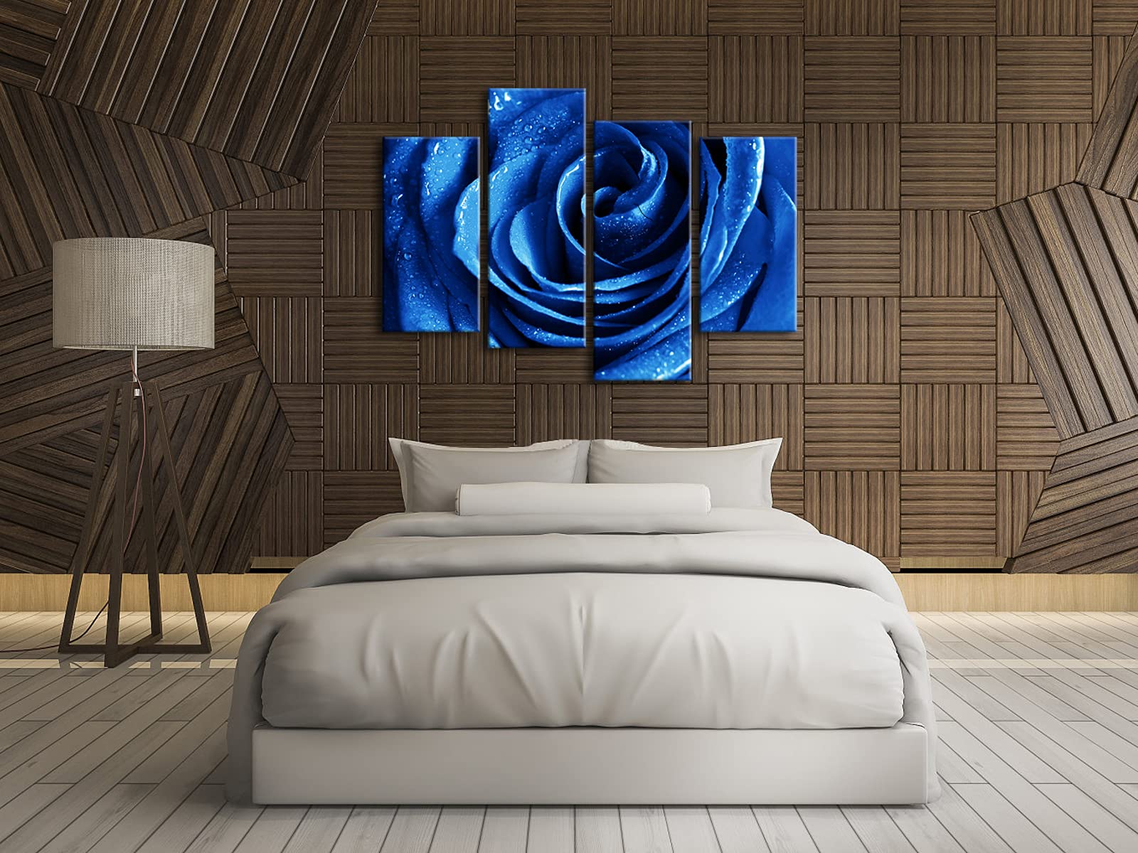 Wieco Art Blue Rose with Dew Canvas Wall Art Abstract Romantic Flower Pictures Paintings Wall Art for Living Room Bedroom Decorations Wall Decor Large 4 Panels Modern Canvas Prints Artwork