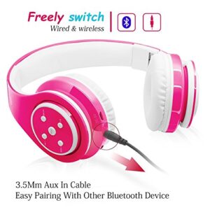 Kids Bluetooth Headphones 85db/110db Volume Limit Wireless/Wired Aux Port Foldable Noise Protection Over-Ear Build-in Mic Headphones for Kids Adults Travel School Phone Pad Tablet PC Pink