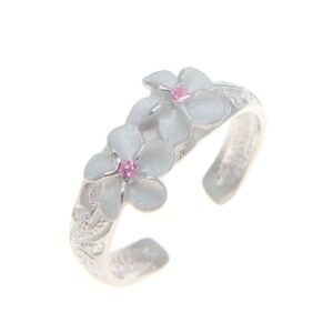 Arthur's Jewelry 925 sterling silver Hawaiian 2 plumeria flower scroll pink cz toe ring