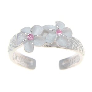 Arthur's Jewelry 925 sterling silver Hawaiian 2 plumeria flower scroll pink cz toe ring