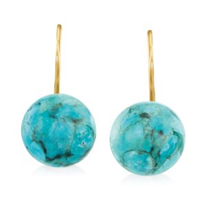 ross-simons button turquoise drop earrings in 14kt yellow gold