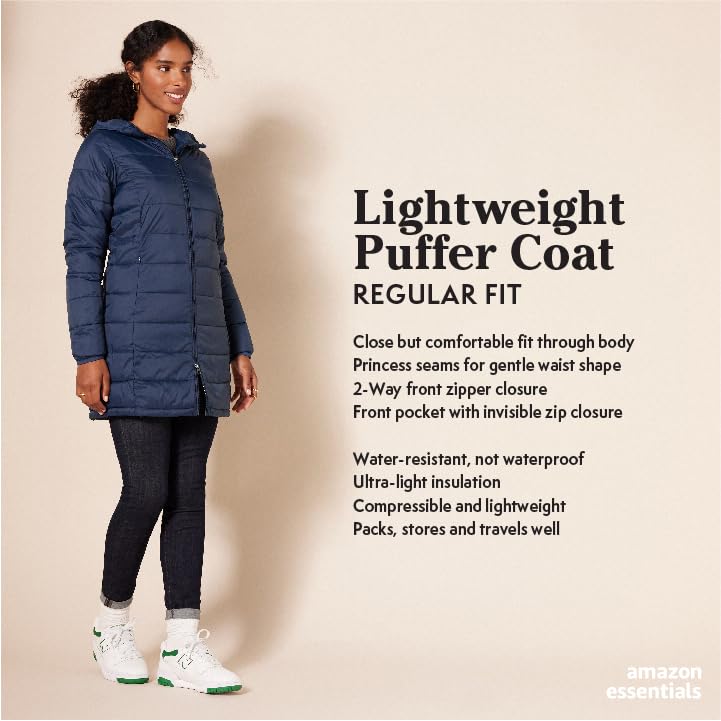 Amazon Essentials Women's Lightweight Water-Resistant Hooded Puffer Coat (Available in Plus Size), Navy, Large