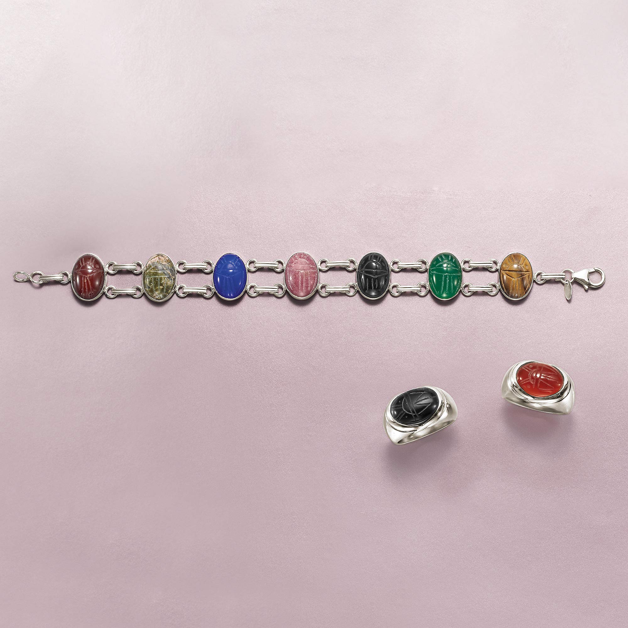 Ross-Simons Multi-Gemstone Scarab Bracelet in Sterling Silver. 7 inches