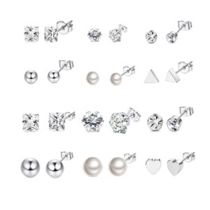 Thunaraz 12Pairs Surgical Steel Stud Earring Set Earring Ball Triangle Heart CZ Earring