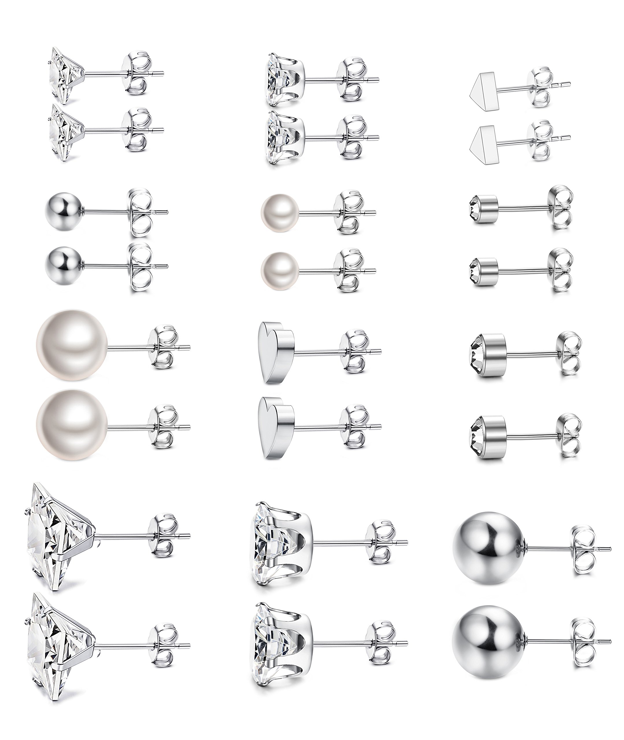 Thunaraz 12Pairs Surgical Steel Stud Earring Set Earring Ball Triangle Heart CZ Earring