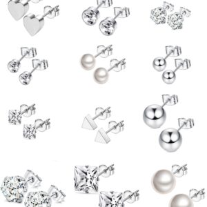 Thunaraz 12Pairs Surgical Steel Stud Earring Set Earring Ball Triangle Heart CZ Earring