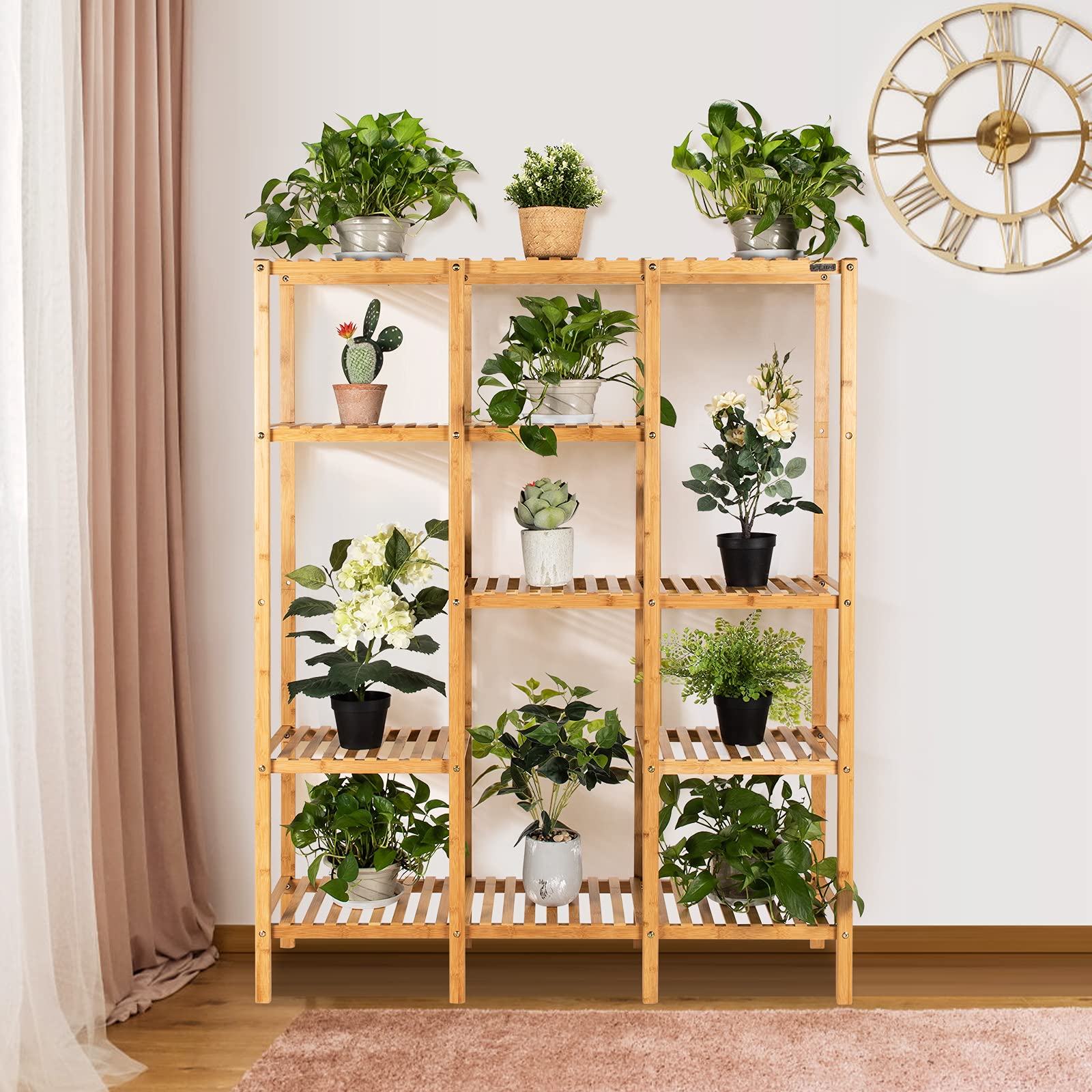 COSTWAY Plant Stand indoor, Bamboo Utility Shelf with Storage Organizer Pots, Wood Outdoor Tiered Plant Shelf for Multiple Plants, for Window, Garden, Balcony, Living Room