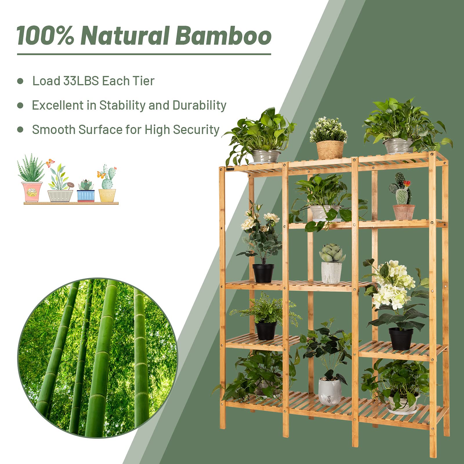 COSTWAY Plant Stand indoor, Bamboo Utility Shelf with Storage Organizer Pots, Wood Outdoor Tiered Plant Shelf for Multiple Plants, for Window, Garden, Balcony, Living Room