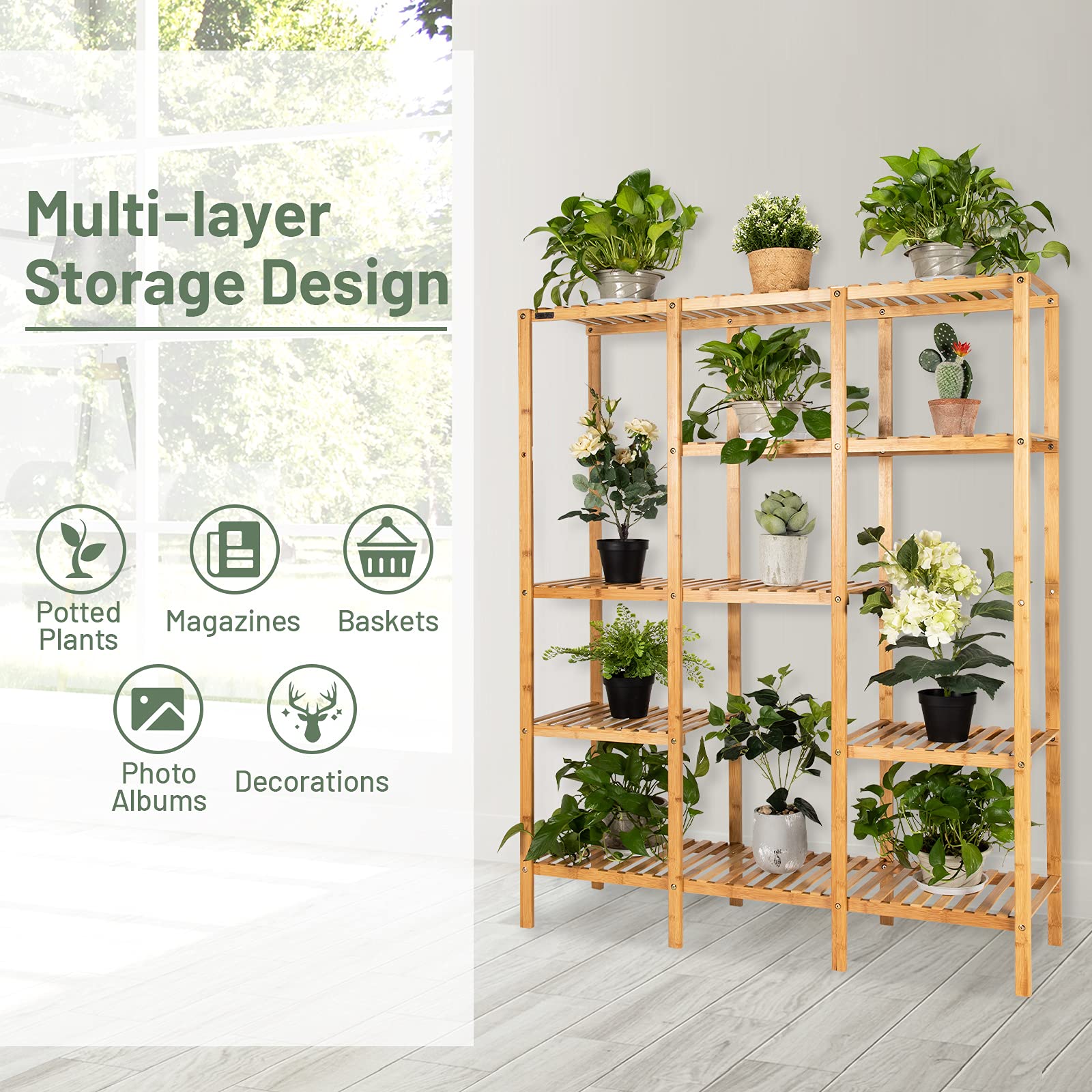 COSTWAY Plant Stand indoor, Bamboo Utility Shelf with Storage Organizer Pots, Wood Outdoor Tiered Plant Shelf for Multiple Plants, for Window, Garden, Balcony, Living Room