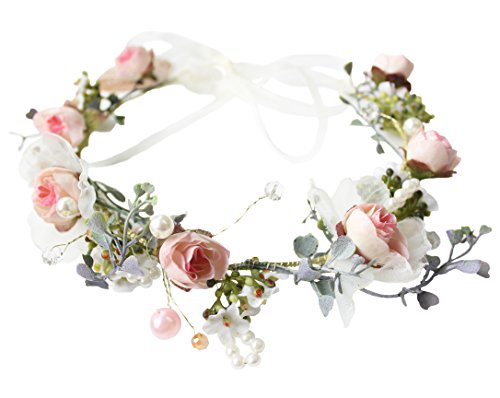 Vivivalue Pearl Flower Crown Floral Garland Headband Flower Halo Headpiece Hair Wreath Boho with Ribbon Party Wedding Festival Photos Pink