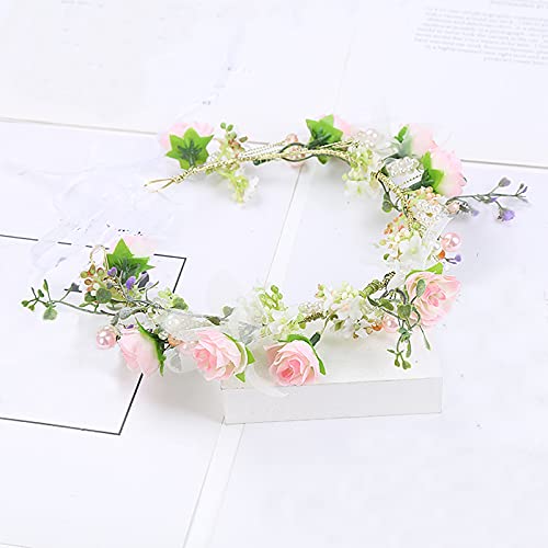 Vivivalue Pearl Flower Crown Floral Garland Headband Flower Halo Headpiece Hair Wreath Boho with Ribbon Party Wedding Festival Photos Pink