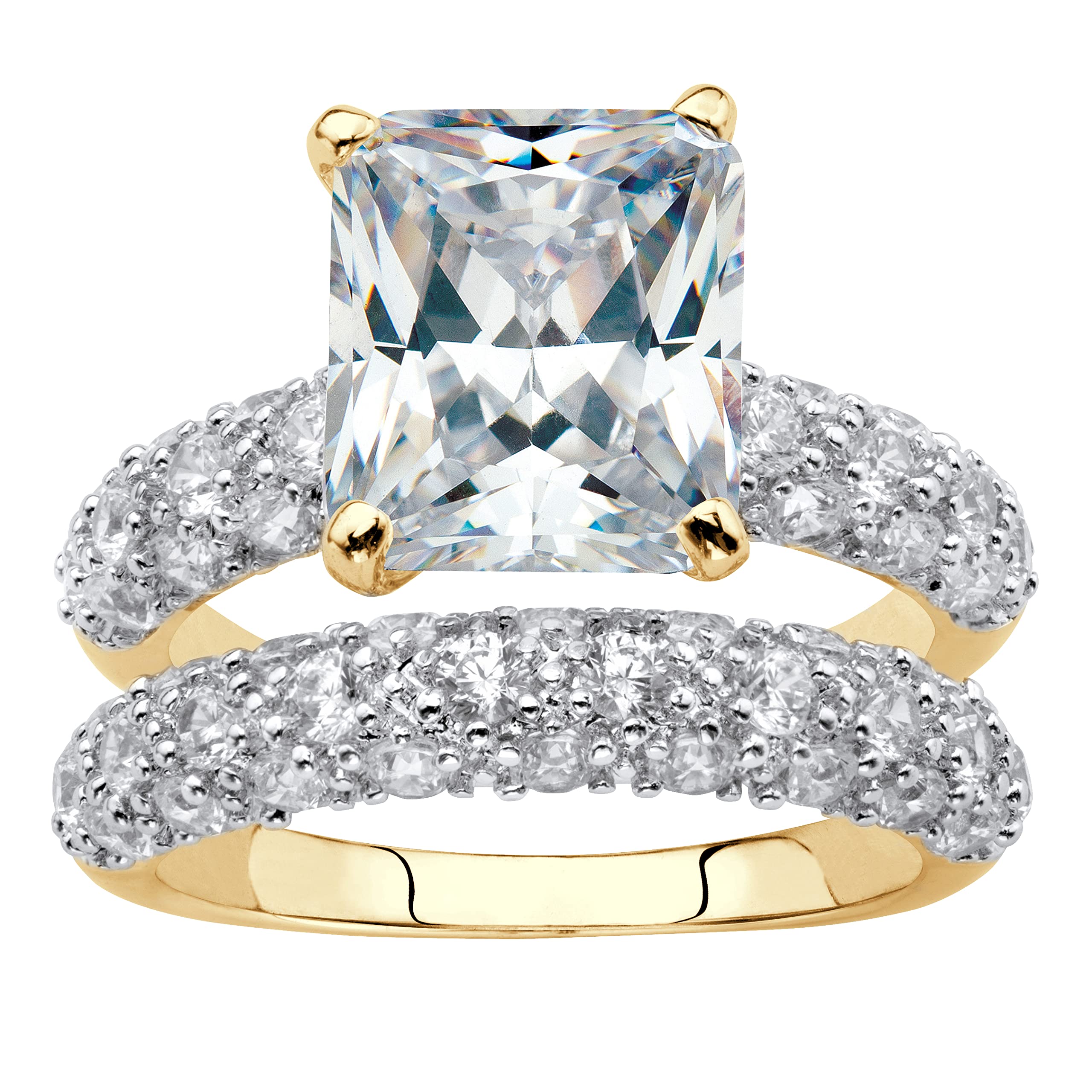 PalmBeach Yellow Gold-Plated or Platinum Plated Emerald Cut Cubic Zirconia Pave Bridal Ring Set Size 5