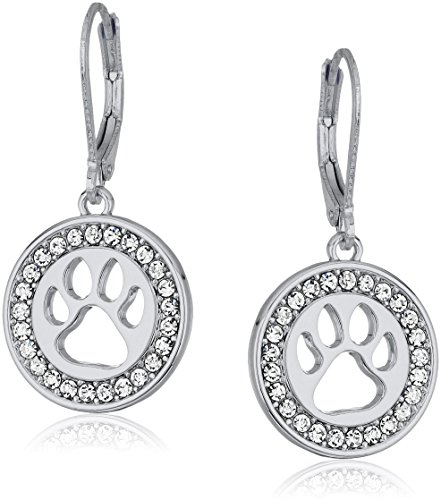 Pet Friends Silvertone and Crystal Paw Leverback Drop Earrings, Silver