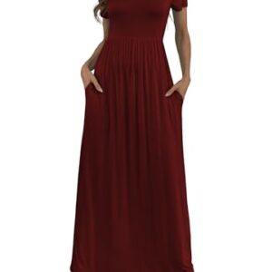 HAOMEILI Women's Short Sleeve Loose Plain Long Maxi Casual Dresses with Pockets L Wine Red