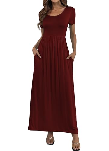 HAOMEILI Women's Short Sleeve Loose Plain Long Maxi Casual Dresses with Pockets L Wine Red