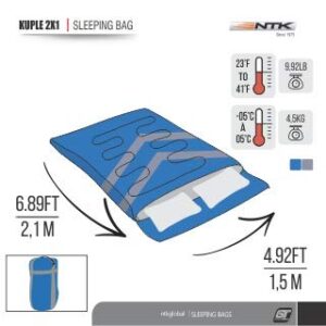 NTK KUPLE Double 2 in 1 Sleeping Bag with 2 Pillows and a Carrying Bag with Compressor Straps for Camping, Backpacking, Hiking. (Blue)