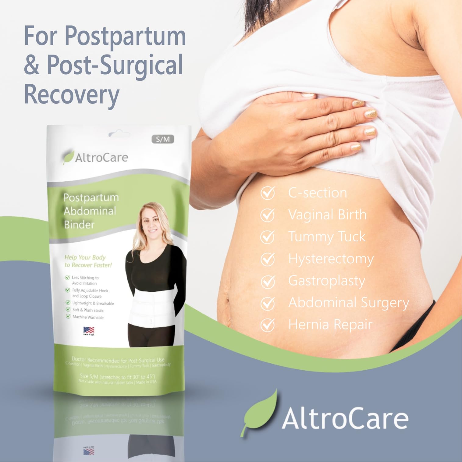 AltroCare Postpartum & Post Surgery Abdominal Binder. Support Recovery after C-Section, Natural Birth, Hysterectomy, Hernia. 3 Panel design, Size L/XL (45" to 60").