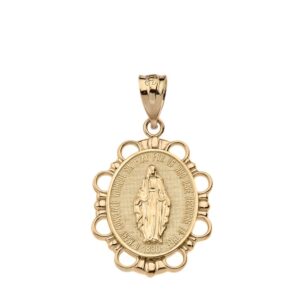 Solid 14k Yellow Gold Miraculous Medal Of Blessed Virgin Mary Pendant (Small)