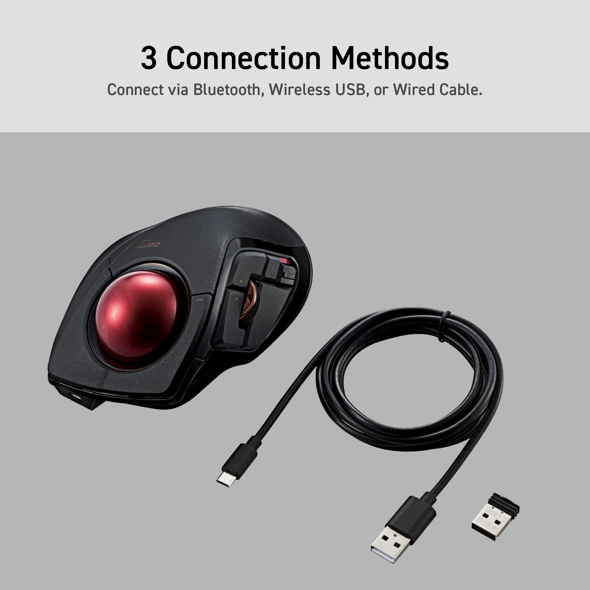 ELECOM DEFT PRO Trackball Mouse, Wired, Wireless, Bluetooth 3 Types Connection, Ergonomic Design, 8-Button Function, Red Ball, Windows11, MacOS (M-DPT1MRXBK)